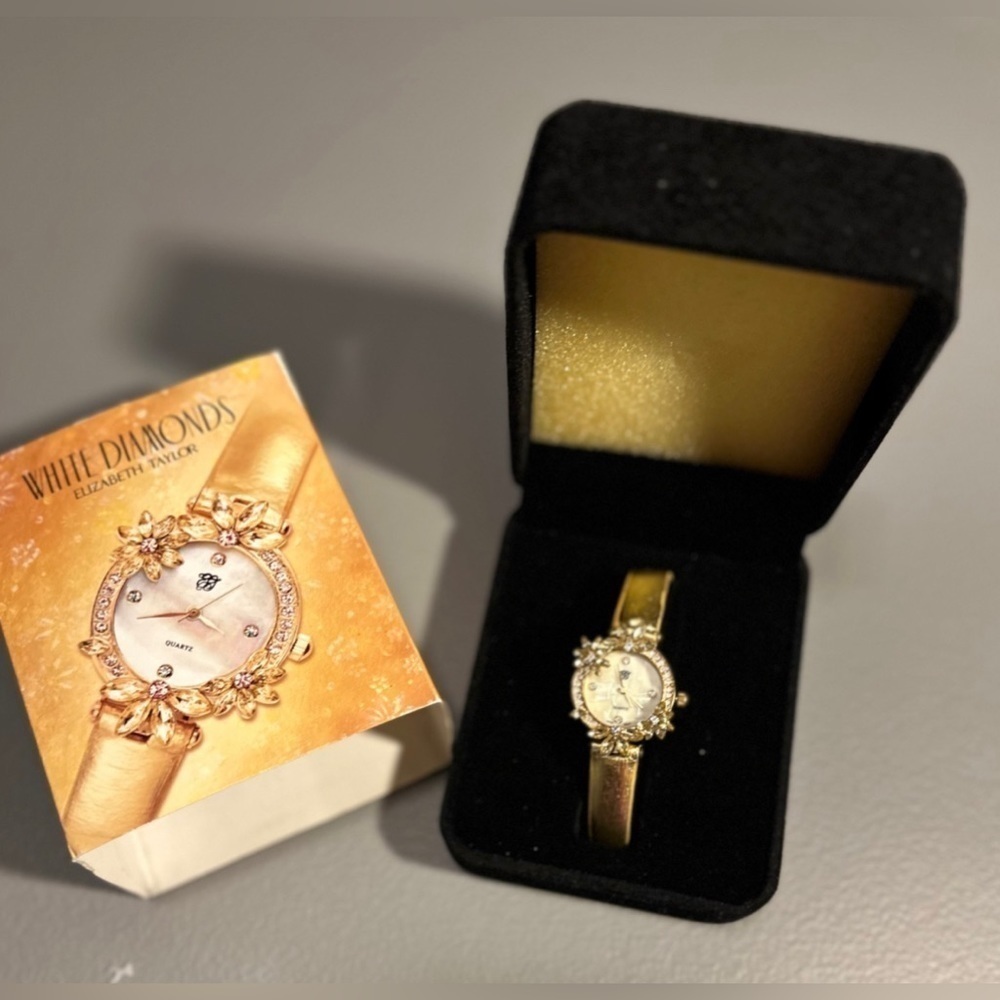 VT White Diamonds Elizabeth Taylor Gold Watch Flowers Rhinestones